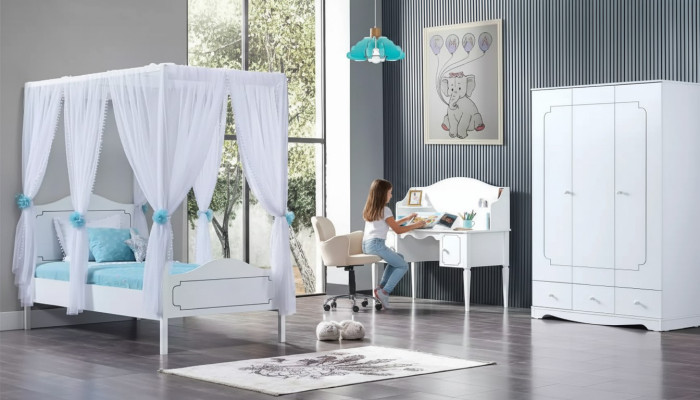 Chambre d'enfants Chambre Lit Lit à baldaquin 100x200cm Blanc Bois Lits