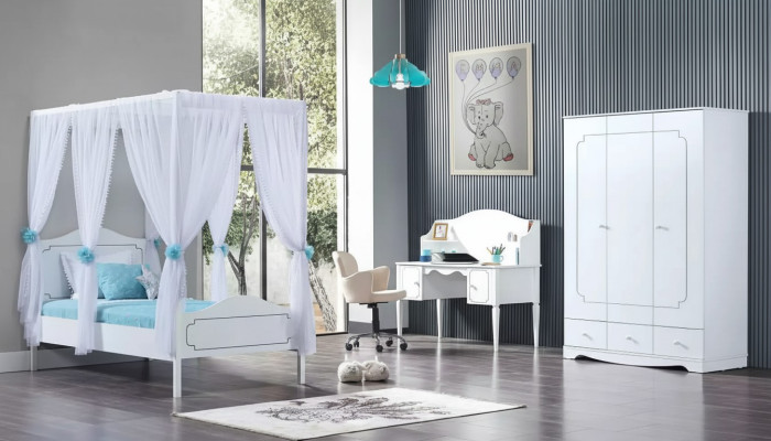 Chambre d'enfants Chambre Lit Lit à baldaquin 100x200cm Blanc Bois Lits