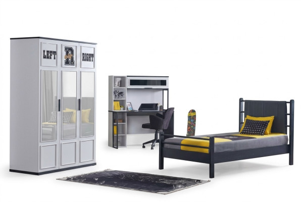 Chambre d'enfants Mobilier de chambre à coucher Chambre complète Chambre de jeunes Noire Blanche 3 pièces.