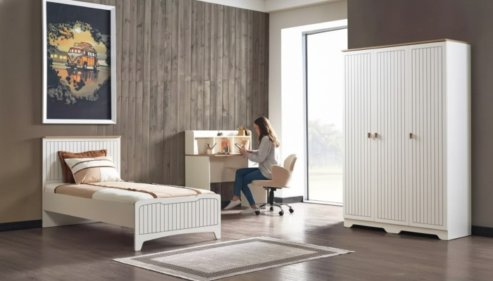 Moderne ensemble de chambre complet pour jeunes de luxe avec 3 pièces en blanc.