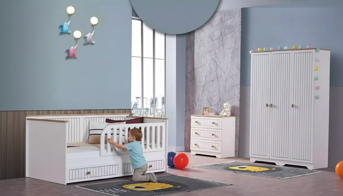 Chambre des enfants Chambre des jeunes Lit Blanc Commode Armoire 3 pièces