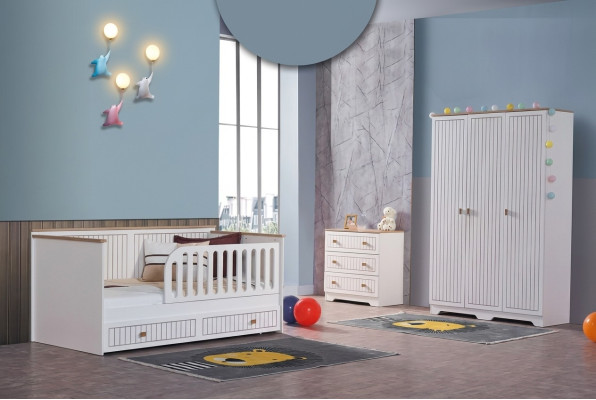 Chambre des enfants Chambre des jeunes Lit Blanc Commode Armoire 3 pièces