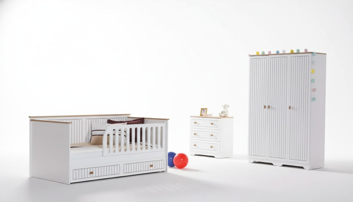 Chambre des enfants Chambre des jeunes Lit Blanc Commode Armoire 3 pièces