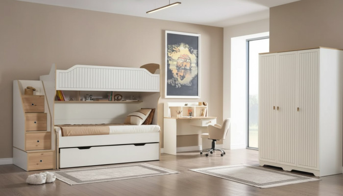 Chambre d'enfants Lit superposé Lit mezzanine Ensemble Bureau Armoire 3 pièces.