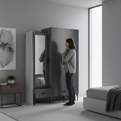 Armoire Gris Porte-manteau Armoires Chambre Bois Mobilier Ameublement 134cm