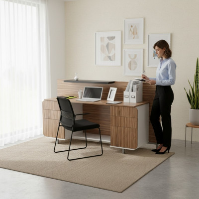 Table de réception moderne, mobilier de bureau luxueux en bois, réception marron élégante