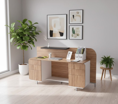 Table de réception moderne, mobilier de bureau luxueux en bois, réception marron élégante