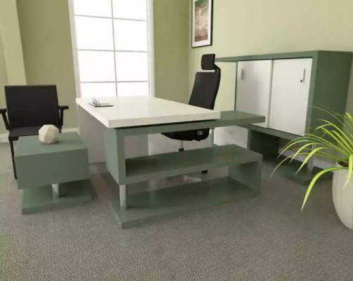 Ensemble de bureau exclusif moderne en bois comprenant un bureau, une armoire de rangement et une table basse.