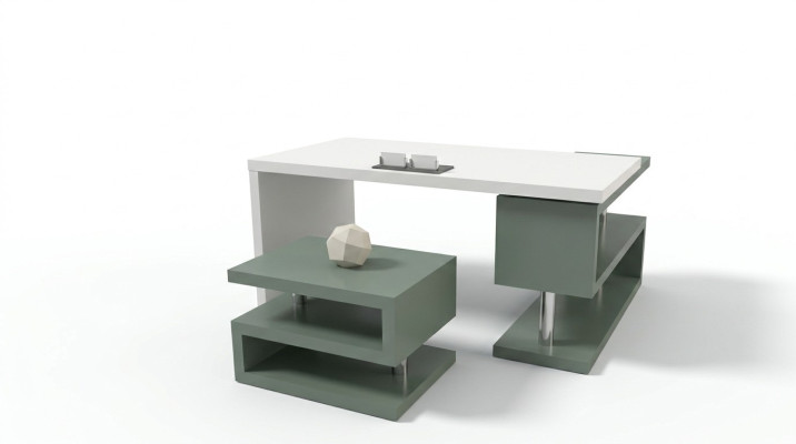 Ensemble de bureau exclusif moderne en bois comprenant un bureau, une armoire de rangement et une table basse.