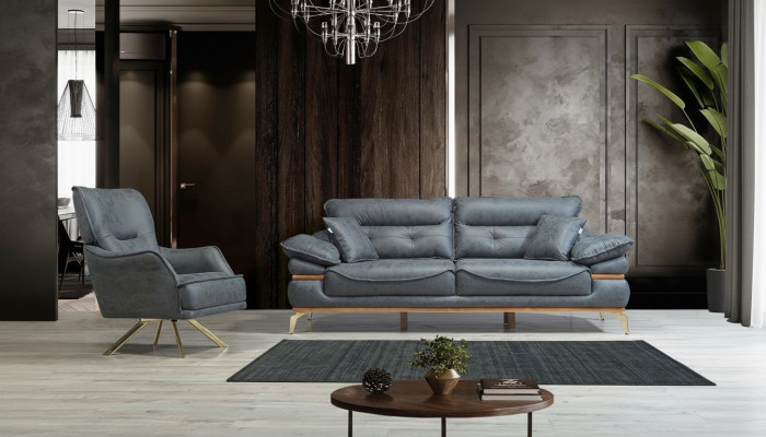 Salon moderne de designer gris avec canapé 3 places et nouveau fauteuil