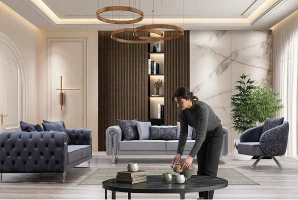 Meubles de salon confortables et modernes: deux canapés trois places et un fauteuil d'une place.