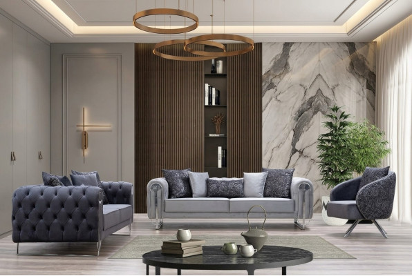 Meubles de salon confortables et modernes: deux canapés trois places et un fauteuil d'une place.