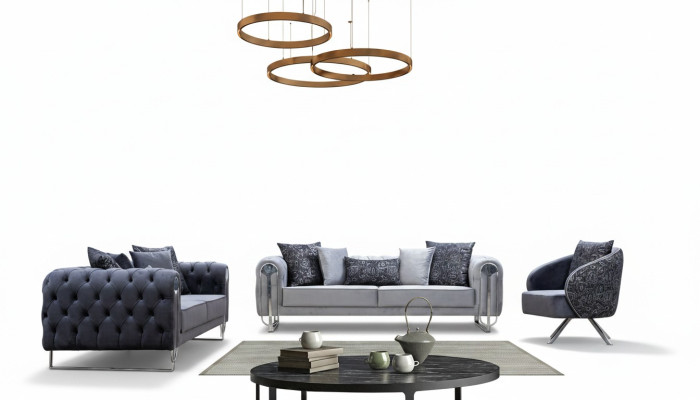 Meubles de salon confortables et modernes: deux canapés trois places et un fauteuil d'une place.