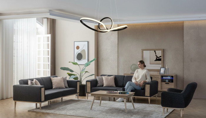 Ensemble moderne de meubles de salon gris de haute qualité.