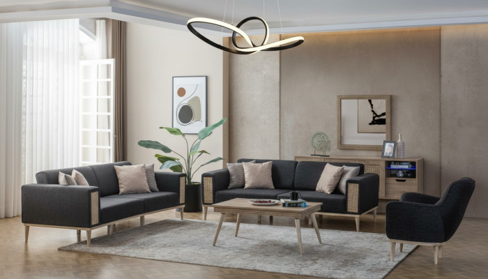 Ensemble moderne de meubles de salon gris de haute qualité.