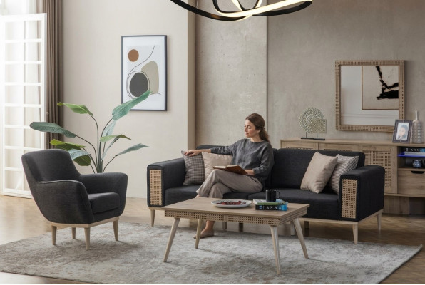 Ensemble de salon gris de luxe Trois places Fauteuil Rembourrage Style Textile Meubles