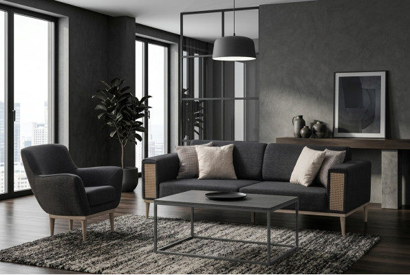 Ensemble de salon gris de luxe Trois places Fauteuil Rembourrage Style Textile Meubles