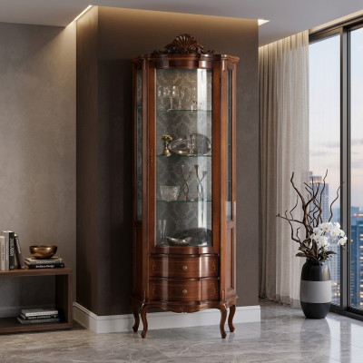 Vitrine de présentation de haute qualité luxueuse en bois marron de style mobilier classique.