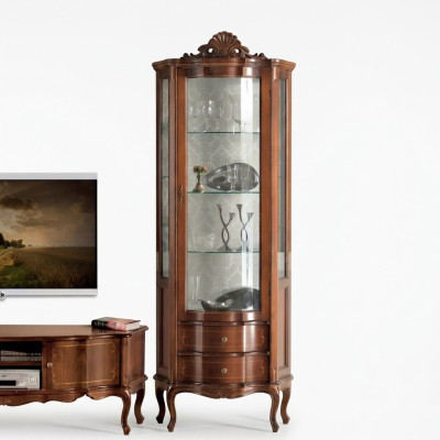Vitrine de présentation de haute qualité luxueuse en bois marron de style mobilier classique.