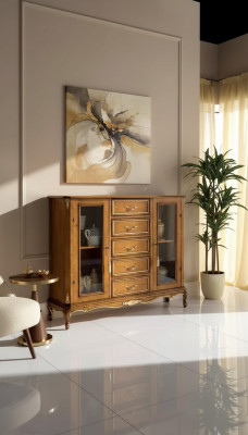 Armoire d'exposition exclusive en bois brun avec tiroirs dans le style de mobilier classique.
