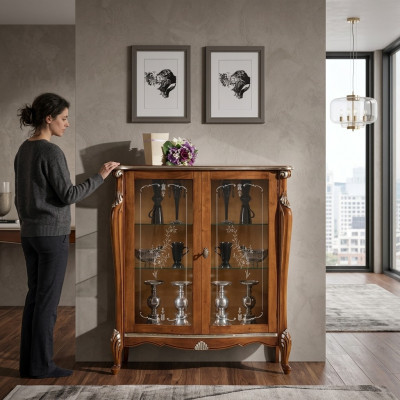 Vitrine en verre marron Buffet en bois de salle de séjour Armoires d'exposition de luxe Étagère de garde-robe