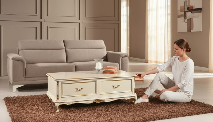 Table basse de luxe blanche pour salon de style classique en bois de qualité supérieure.