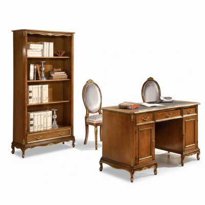 Élégant ensemble de mobilier de bureau en bois brun comprenant un bureau et une étagère pour livres, 2 pièces.