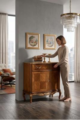 Commode classique marron pour le salon en bois, meuble de rangement, bahut.