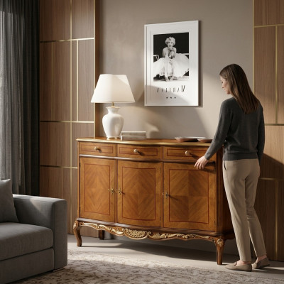 Meubles de salon classiques de haute qualité en brun, buffet commode en bois et commodes.