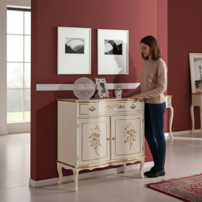 Meuble luxueux en bois brun avec lampe et tiroirs, buffet neuf