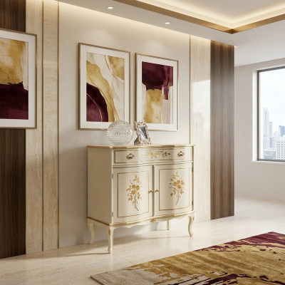 Meuble luxueux en bois brun avec lampe et tiroirs, buffet neuf