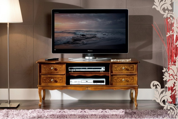 Meuble TV classique en bois brun de luxe avec tiroirs, armoire TV basse en bois.