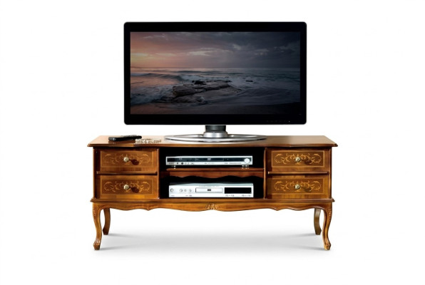 Meuble TV classique en bois brun de luxe avec tiroirs, armoire TV basse en bois.