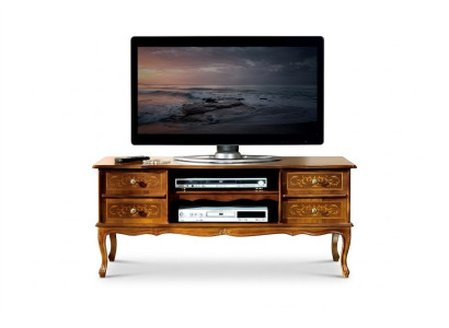 Meuble TV classique en bois brun de luxe avec tiroirs, armoire TV basse en bois.