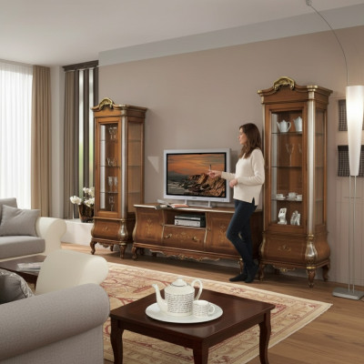 Meuble TV mural de salon classique avec 2 vitrines en bois massif Étagère TV Mobilier neuf