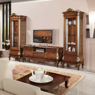Meuble TV mural de salon classique avec 2 vitrines en bois massif Étagère TV Mobilier neuf