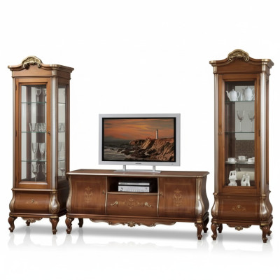Meuble TV mural de salon classique avec 2 vitrines en bois massif Étagère TV Mobilier neuf