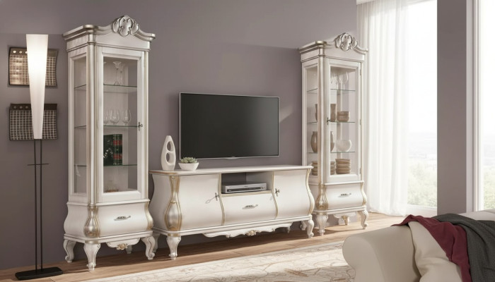 Ensemble de meuble TV murale blanc classique avec 2 armoires vitrines et une garde-robe en 3 pièces.