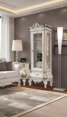 Armoire en bois de luxe avec une façade en verre, meubles blancs classiques, armoires de rangement.
