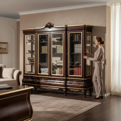Étagère classique marron avec tiroirs et portes en verre en bois massif. Meubles
