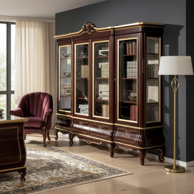 Étagère classique marron avec tiroirs et portes en verre en bois massif. Meubles
