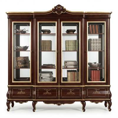 Étagère classique marron avec tiroirs et portes en verre en bois massif. Meubles