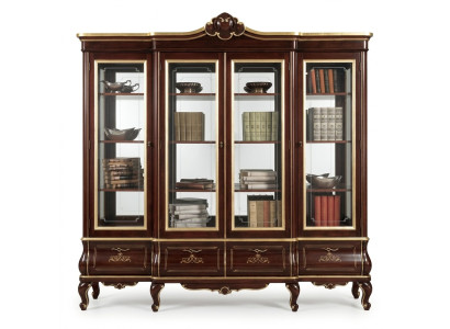 Étagère classique marron avec tiroirs et portes en verre en bois massif. Meubles