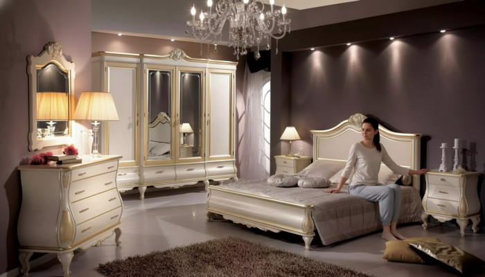 Ensemble de chambre à coucher Lit 2x Tables de chevet Armoire Garde-robe Commode Miroir