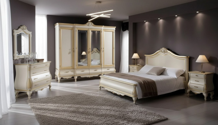 Ensemble de chambre à coucher Lit 2x Tables de chevet Armoire Garde-robe Commode Miroir