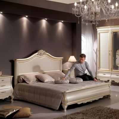 Lit double en bois, meubles de chambre de luxe au design classique beige.