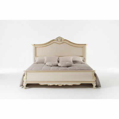Lit double en bois, meubles de chambre de luxe au design classique beige.