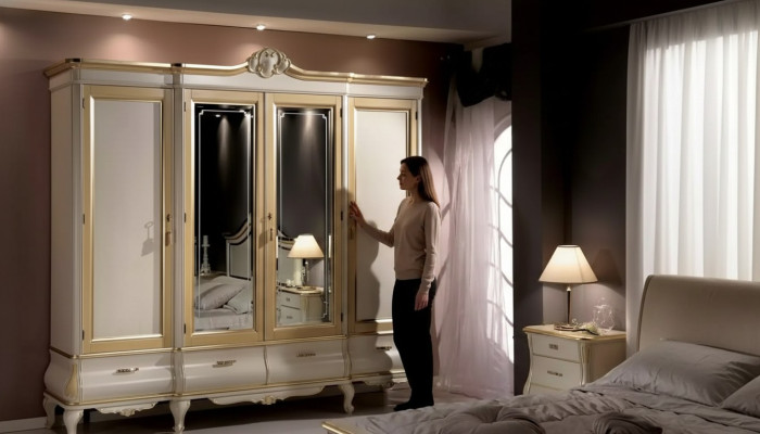 Classique ou luxueux, armoire de chambre blanche à quatre portes en bois, nouveau mobilier.