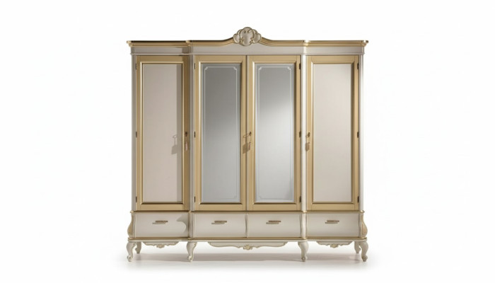 Classique ou luxueux, armoire de chambre blanche à quatre portes en bois, nouveau mobilier.