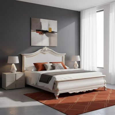 Cadre de lit double rembourré de luxe, blanc, design en bois, luxueux